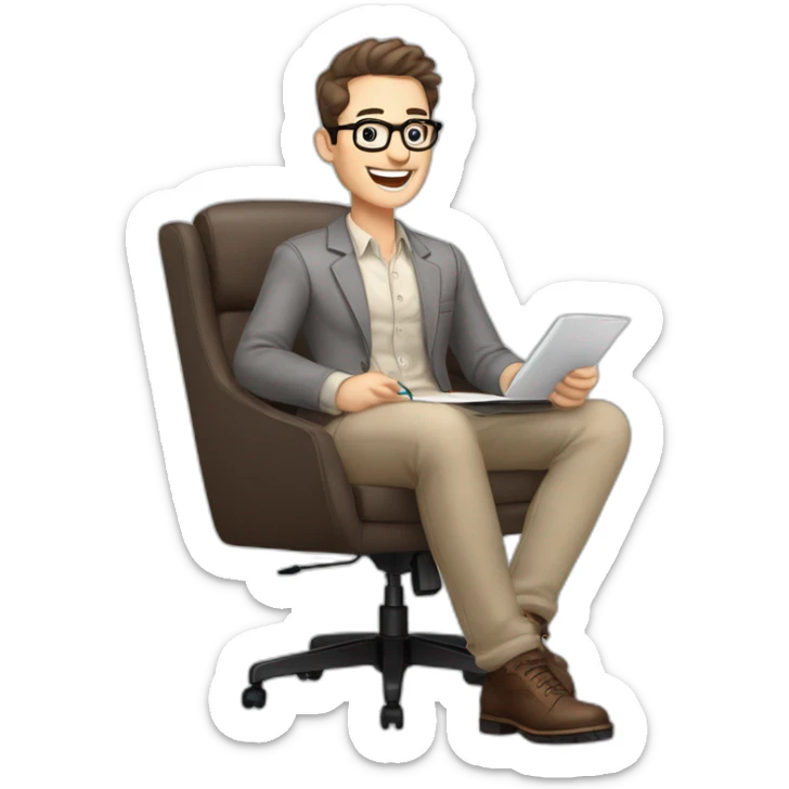 Joyful Celebrating victory Pale skinned Fit Man With dark brown hair in gray jacket, beige office shirt, Brown pants and vintage glasses sitting In a soft chair with a notebook and a pen sticker