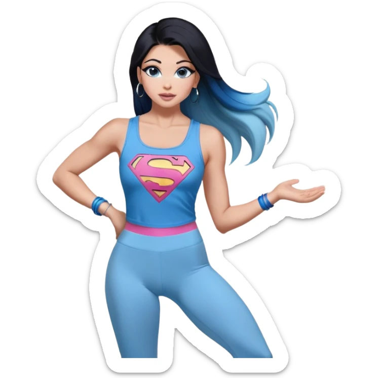 Tall-full chest-hand heat emoji-long legs-huge female chest-very excited-model beautiful face-black leggins-light-pink-lips-very long-very-straight-dark-blue-ombre-hair-and-blue-eyes-thick-black-eyeliner-thick-long-eyelashes-sky blue-superman-lower cut tank top-silver-hoop-earrings sticker