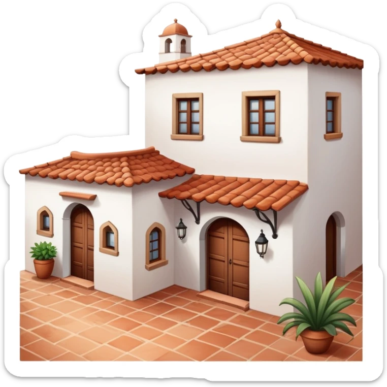 Traditional Spanish hacienda with white walls, terracotta roof, iron details, and small courtyard sticker
