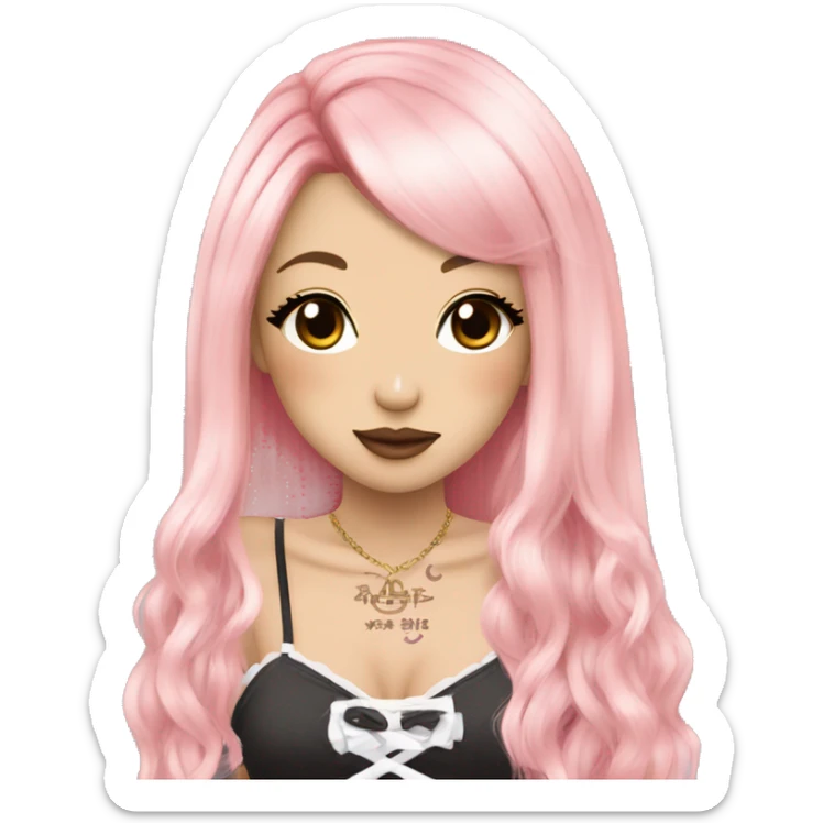 hime gyaru girl, long straight pink and blonde hair, tattoos, dark makeup,  sticker