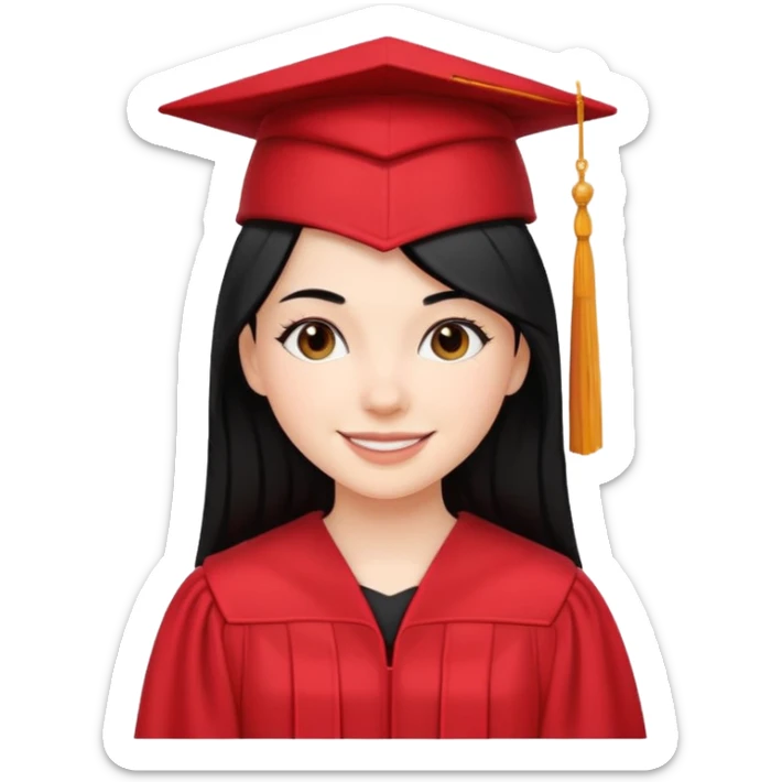white girl with straight black hair graduating in a red cap and gown, smiling sticker