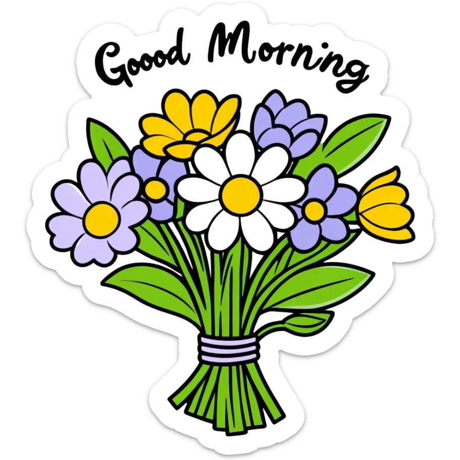 Spring flowers in beautiful garden with morning sun with inscription Good morning  sticker