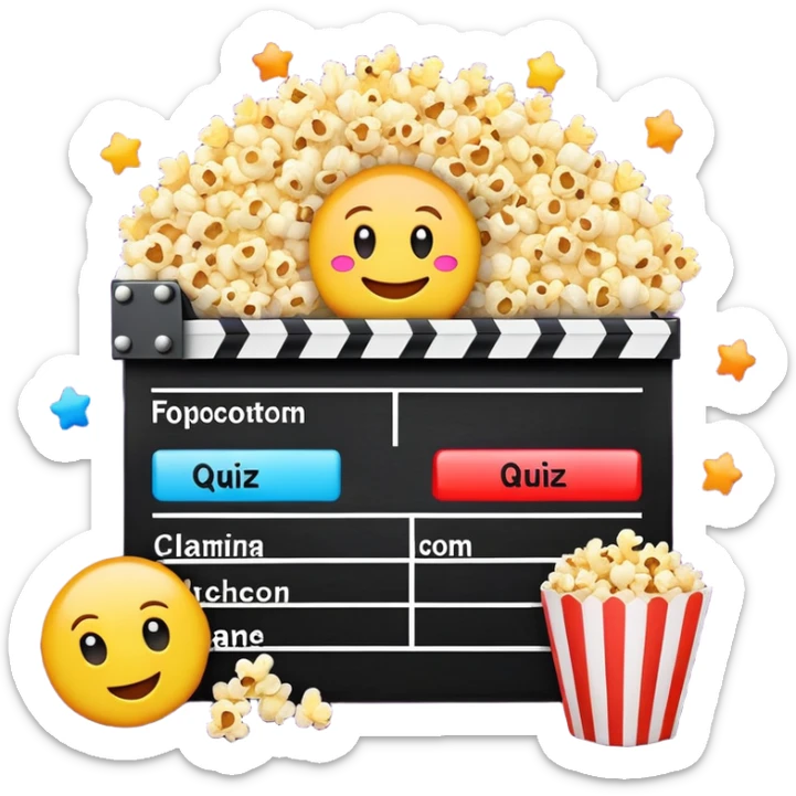 A colorful title slide for "The Emoji Movie Quiz" slideshow game with movie clapperboard, popcorn, and quiz elements arranged in presentation format sticker