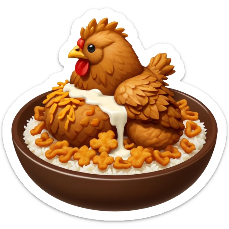 iOS-style food emoji, flat design: round bowl with white rice base, topped with crispy fried chicken pieces, fried onion bits, sweet-and-sour sauce and white sauce zigzag drizzles, finished with parsley flakes, clean shapes, transparent background. sticker