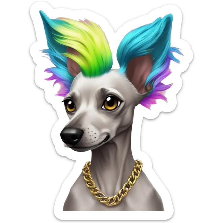 Punk Chinese crested dog neon rainbow hair gold chain punk piercings tattoos punk ear piercings sticker