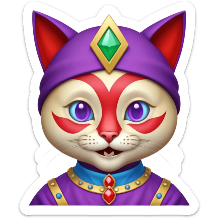 crazy colorful cute little cat jolly joker from poker, medieval, vintage, court jester, mac os icon, purple, gold and red color, half body, blue ice eyes. Squared shape as 3D mac os icon, symmetrical sticker