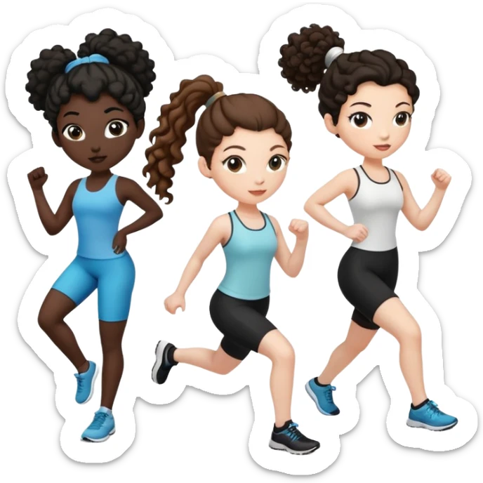 3 women exercising. The woman on the left has pale white skin and curly brown hair in a ponytail. The woman in the middle has black skin and curly black hair. The woman on the right has pale white skin and straight, brown hair in a ponytail. sticker