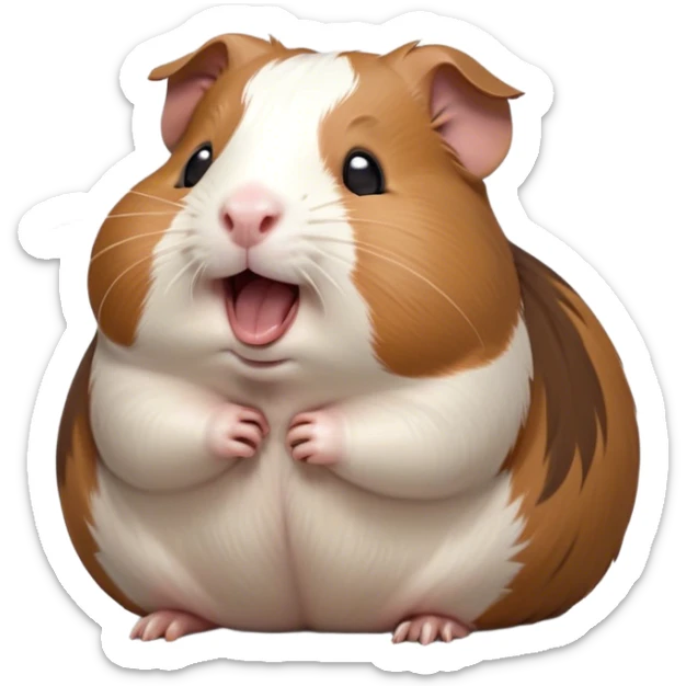 Cinematic Cute Yawning Brown and White Banded Guinea Pig Portrait Emoji, Head tilted slightly with a dramatic, wide-open yawn, revealing a soft, banded coat of brown and white with tiny, droopy ears, round dark eyes barely open in drowsy contentment, Simplified yet irresistibly adorable features, highly detailed, glowing with a soft, cozy glow, high shine, relaxed yet expressive, stylized with a touch of whimsy, bright and endearing, soft glowing outline, capturing the essence of a sleepy yet affectionate guinea pig, so drowsy it feels like it could stretch out of the screen and curl up for a nap! sticker