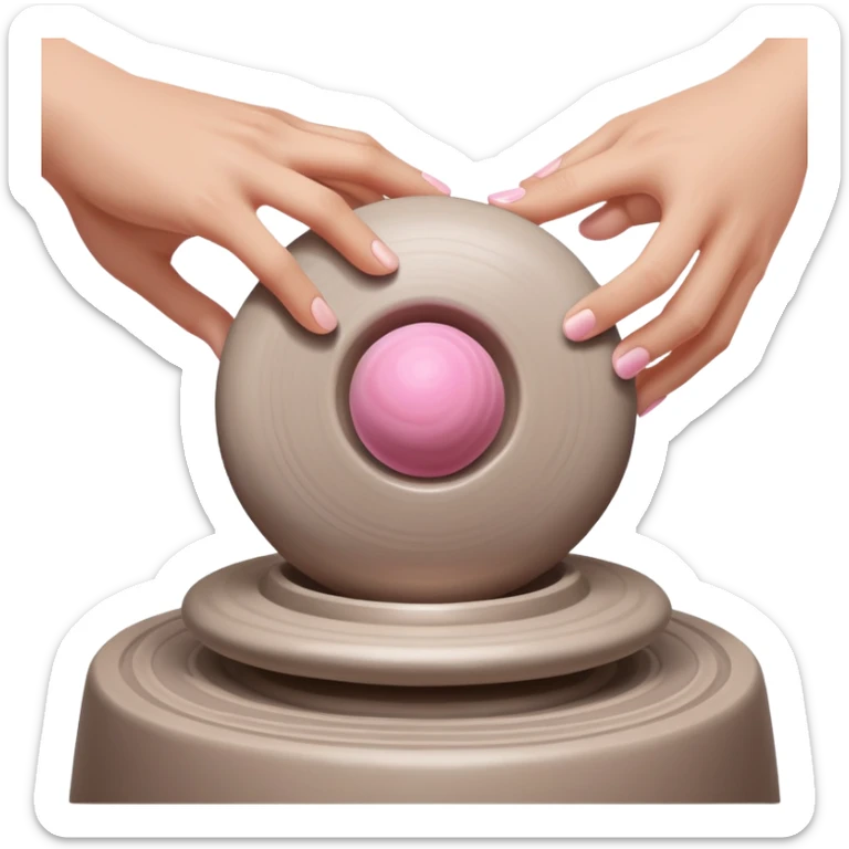 hand hovering over a centered pink ball of clay on a silver pottery wheel, not touching it yet, sensing position before contact sticker