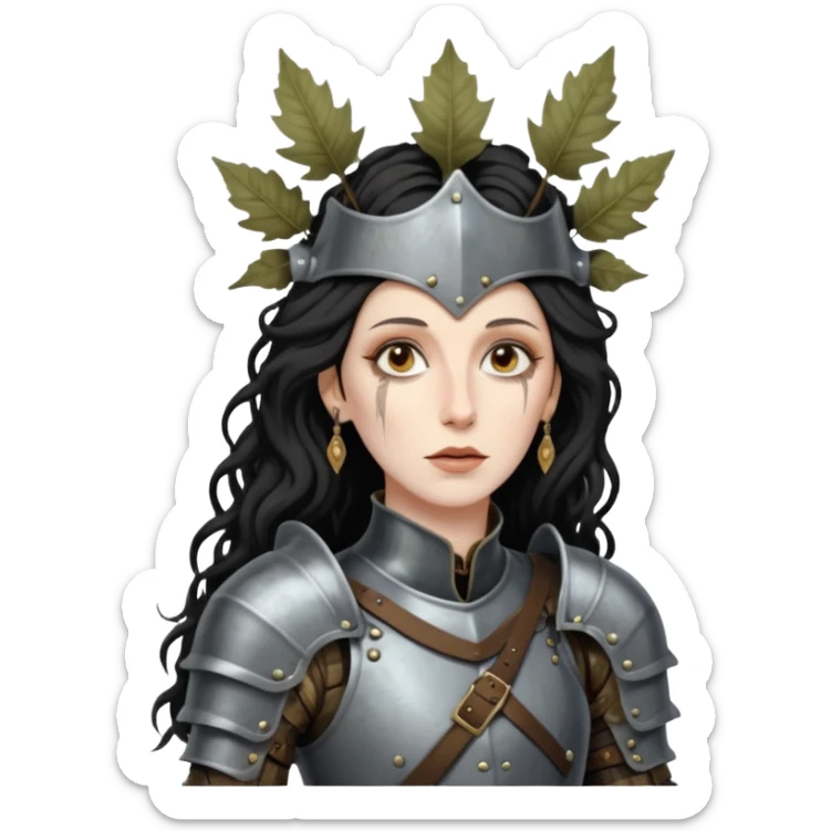 realistic cinematic actress Cher in Victorian styling like Joan of Arc dirty damaged armor in a forest sticker