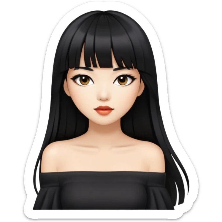 fashionable woman with Asian skin tone, long straight black hair with straight bangs, black off-shoulder outfit, and stylish makeup sticker