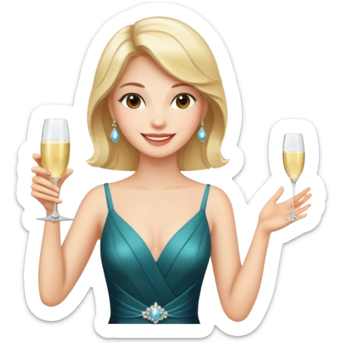 A confident woman in an evening dress raises her champagne glass with a calm, joyful smile. sticker