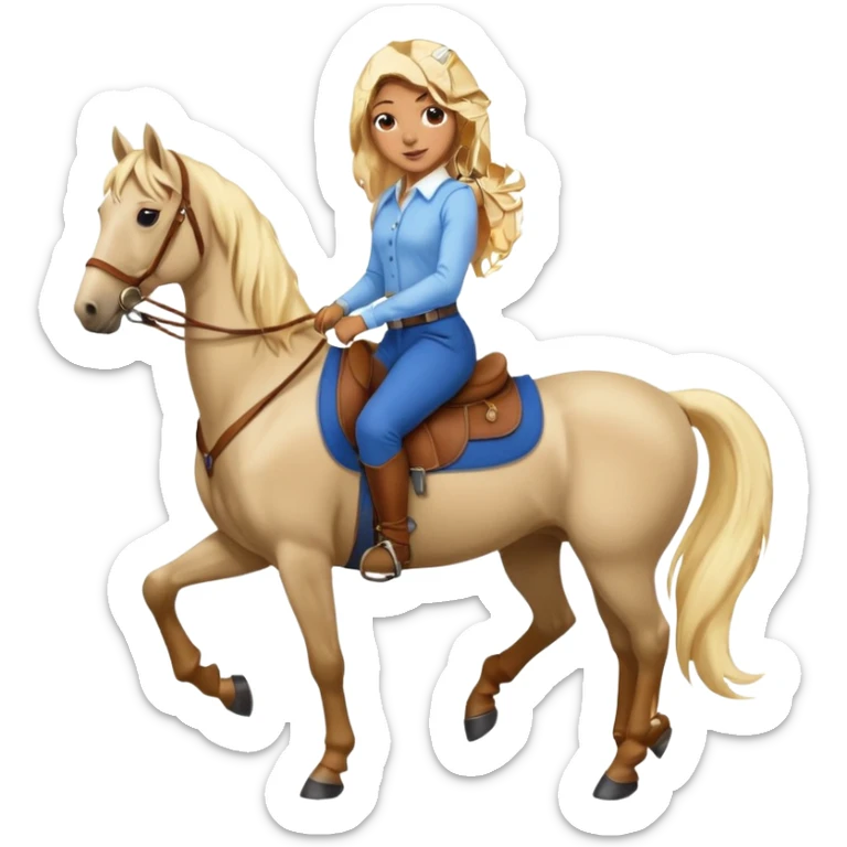 Brown girl with very long blonde hair wearing a cream colored; collared long sleeve shirt and blue riding pants with brown boots on top of a brown horse with 4 legs sticker