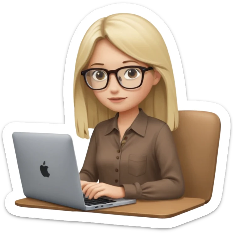 Girl in glasses, blonde long hair, sitting, brown blouse, typing on gray MacBook sticker