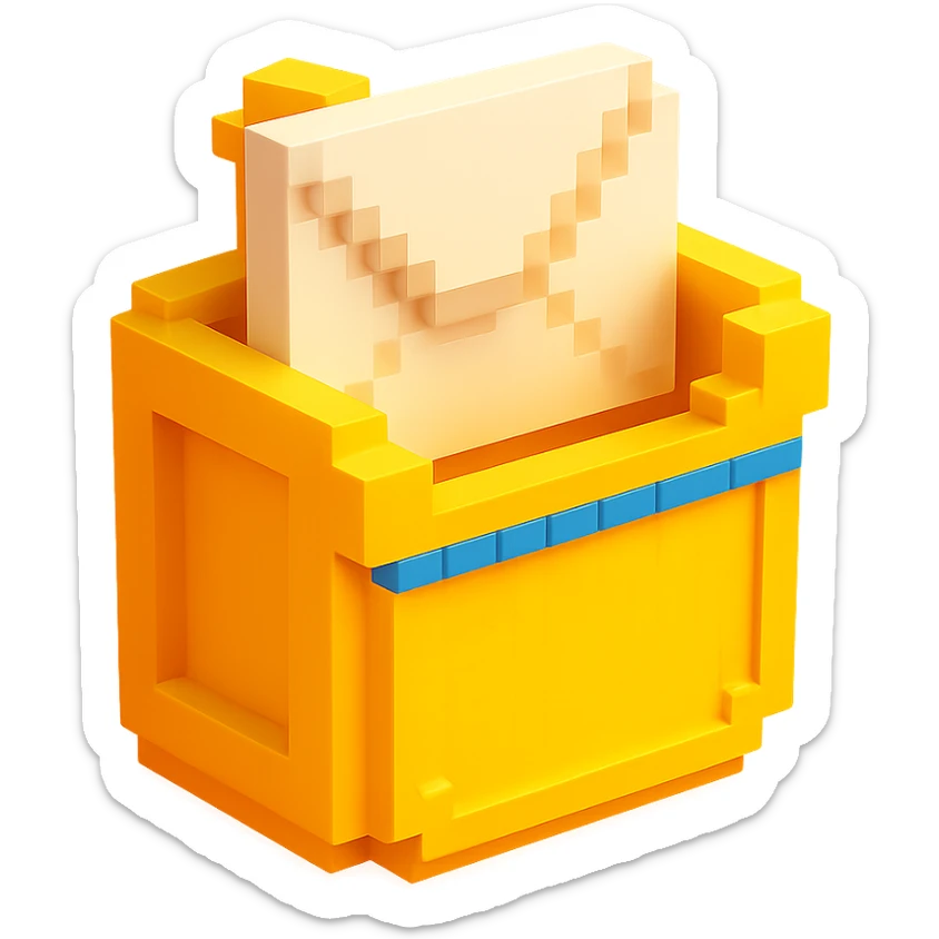 3D voxel style icon of a mail pocket, viewed from an angle, with a visible envelope inside sticker