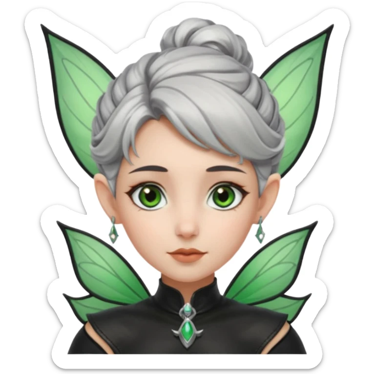 Haz un emoji de una chica con piel blanca ojos marrones y verdes nariz puntiaguda orejas de fae labios finos pelo plateado con un recogido y ropa de cuero negra sticker