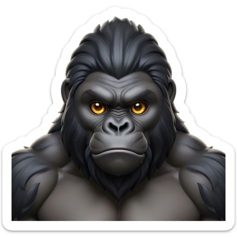 Cinematic Noble mountain Gorilla Portrait Emoji, Poised and majestic, with a powerful, muscular frame accentuated by a distinguished black and grey mane and piercing, wise eyes, Simplified yet sharp and sophisticated features, highly detailed, glowing with a soft, regal jungle glow, high shine, intelligent and commanding, stylized with an air of imperial strength, focused and resolute, soft glowing outline, capturing the essence of a watchful guardian that feels as though it could step out of the screen with effortless authority! sticker