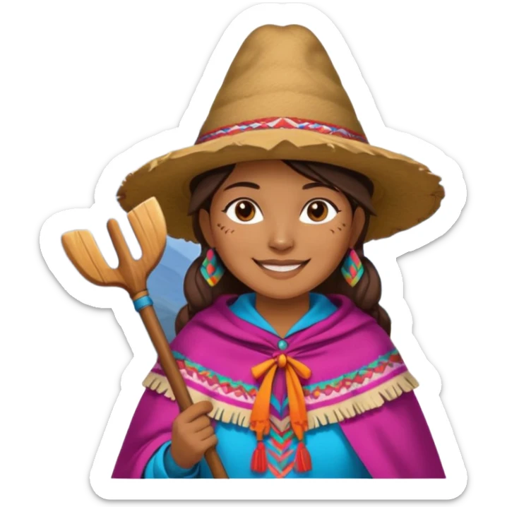 3D emoji style illustration of a Peruvian Andean farmer (woman), wearing traditional chullo hat and poncho, holding a hoe, smiling, mountains in background, bright natural colors, bold outlines, glossy sticker style, transparent background sticker