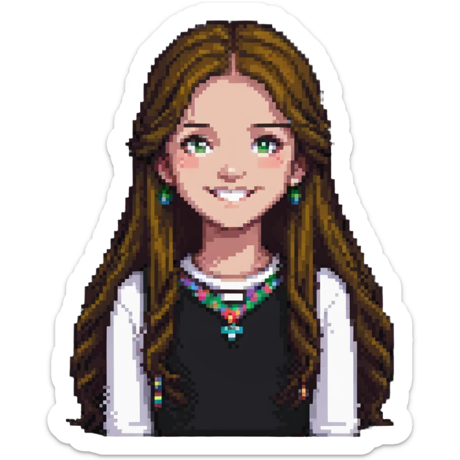 pixel art of a girl with long hair smiling sticker
