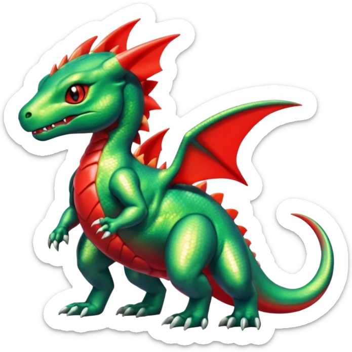 Cute Shiny green iridescent Guilmon-Salandit-Fakémon-hybrid-creature (full body)  sticker