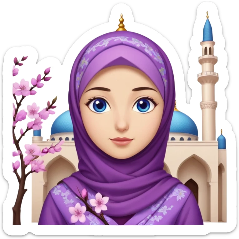 Turkish beautiful finish Konya girl blue eyes with hijab and purple cherry blossom dress on mosque sticker