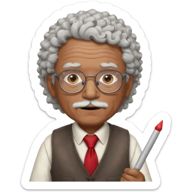 old man teacher, brown skin, curly grey white hai, wearing glasses, brown vest, red tie hold chalk on hand sticker