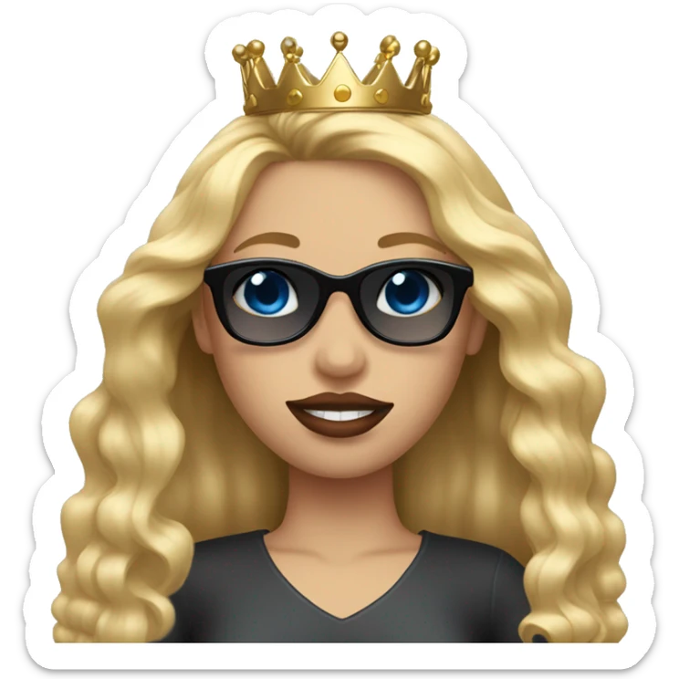 Girl with long blonde hair, blue eyes, black sunglasses that cover her eyes and cherry lipstick and a crown sticker