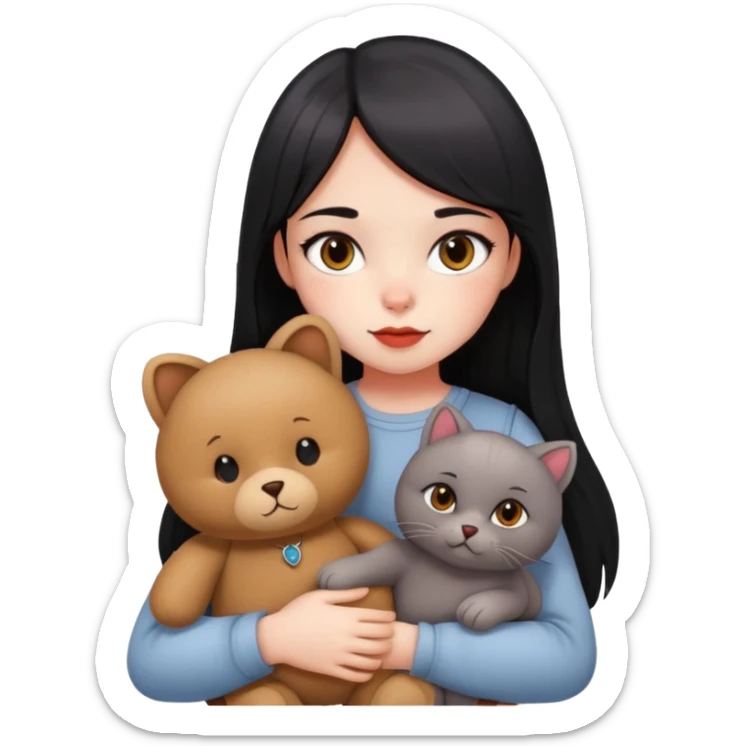 girl,drak eyes, red cheeks, black long hair with a straight bang, white face, holding a British gray cat and a brown teddy bear sticker