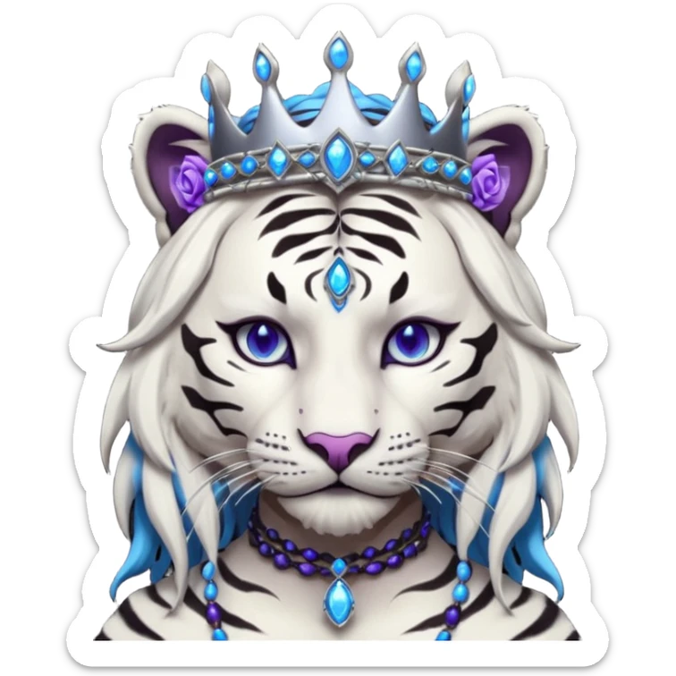 ESO Female white/black tiger khajiit leader of the umbral rose, glowing blue eyes, glowing blue 'third eye' gem, black beaded dreadlocks; silver crown/tiara with purple gems sticker