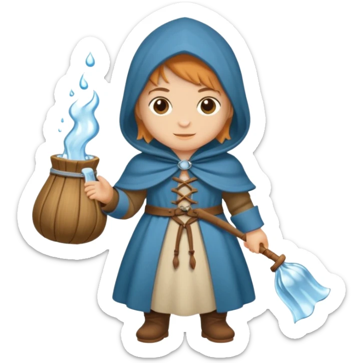 vorrei un piccolo buffo pellegrino medievale con abito e cappuccio marrone sotto la pioggia in stile stickers  sticker