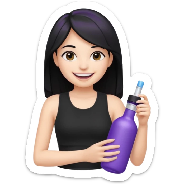 apple style emoji of a fair-skinned girl with beautiful black hair, wearing a black crop top, smiling widely with very white teeth, holding a simplified white and purple cylinder bottle, no text or branding sticker