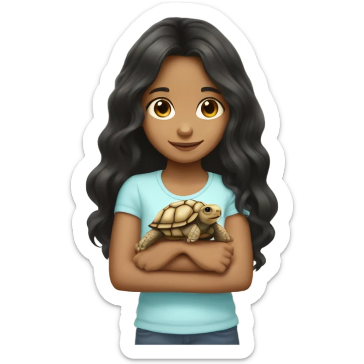 Little girl with wavy long black hair and light tan skin holding a tortoise sticker