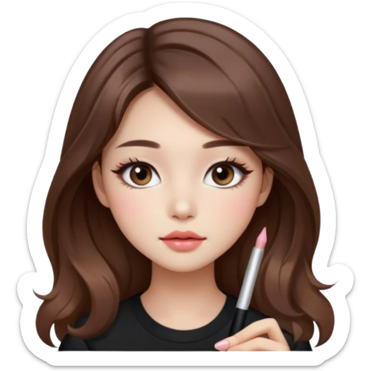 “korean straight brown hair Emoji girl, soft eyeliner and blush, gradient lips, light brown shimmer eyeshadow, long wavy hair,  sticker