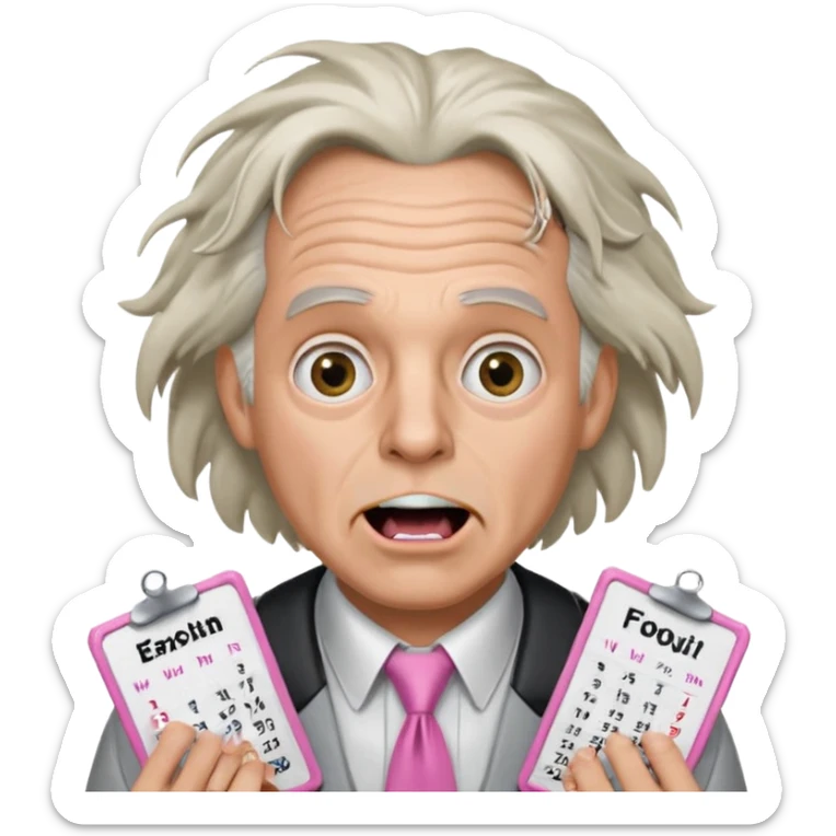 Doc Brown, in Back to the Future, with his hair all over the place and his mouth wide open. No glasses. Wearing a silver dress with black trim, a pink collared shirt and a white tie, holding a calendar.  sticker
