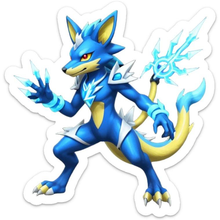 Cobalt-Blue Neon-Electric Bright-Glowing Lightning-Veined Zeraora-Luxray-Lucario-cyber-fusion-creature (full body) sticker