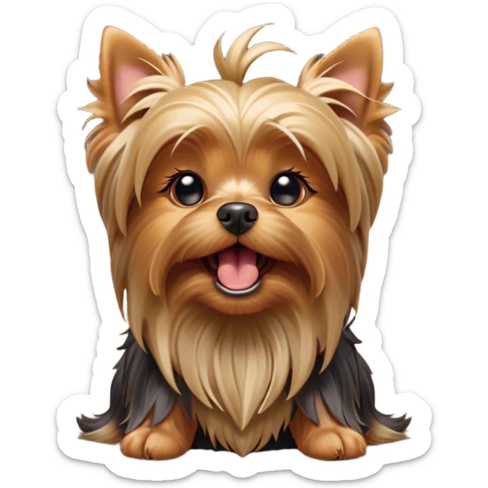 Cinematic Cute Yawning Yorkshire Terrier Portrait Emoji, Head tilted with a playful, drowsy expression and droopy, adorable eyes, featuring a soft, well-groomed fur in rich hues, simplified yet irresistibly endearing, highly detailed, glowing with a warm, cozy radiance, high shine, exuding a relaxed yet spunky charm, styled with a gentle, soft glowing outline, capturing the essence of a Yorkshire Terrier mid-yawn that seems as if it could cuddle right off the screen! sticker