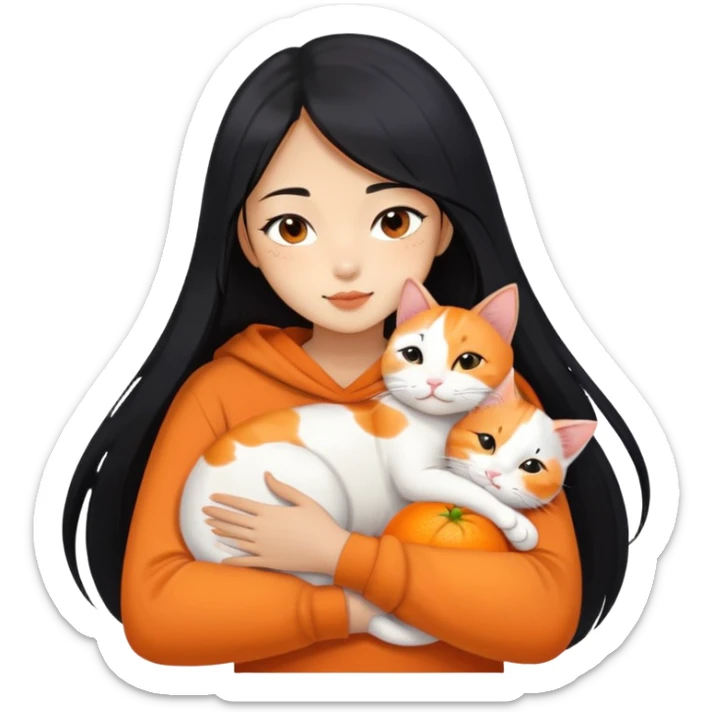 Oriental Asian girl with long black hair snuggling with an orange and white cat, cat is mostly white with orange patches, the girl is holding the cat lovingly sticker