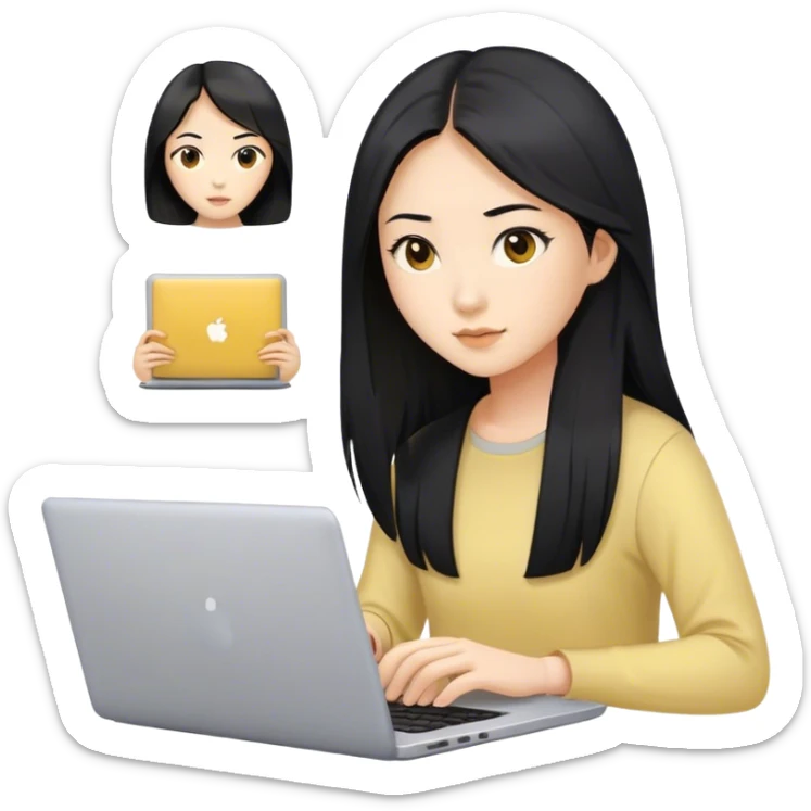 Long hair asian woman working on pale yellow laptop with brown eyes sticker
