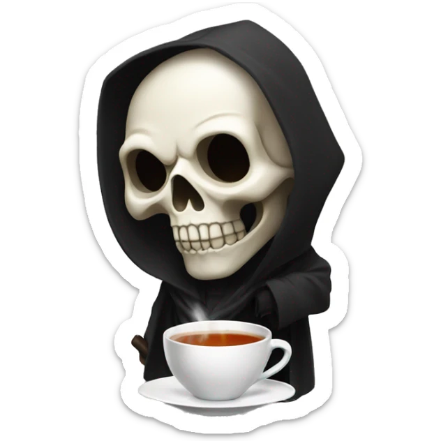 A skull face with white eyes and a black hooded robe drinking tea sticker