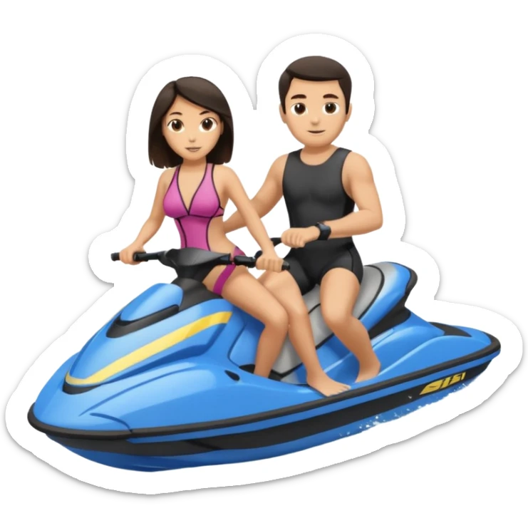 Light tan male dark hair & light tan female dark hair on a blue jet ski no sunglasses sticker