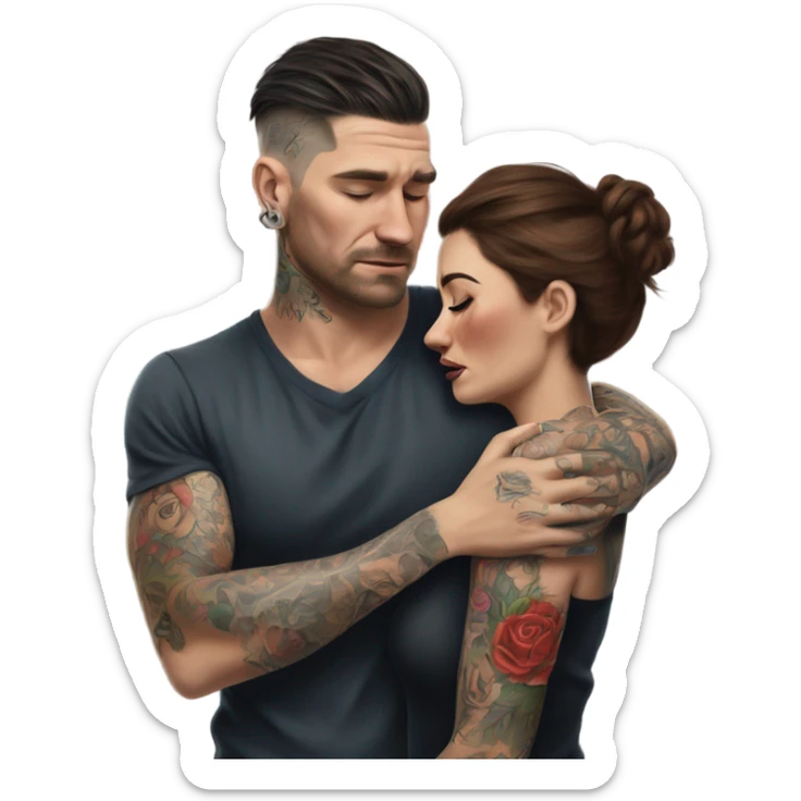 Hyper Realistic Beautiful tattooed woman crying in the arms of a handsome tattooed man  sticker