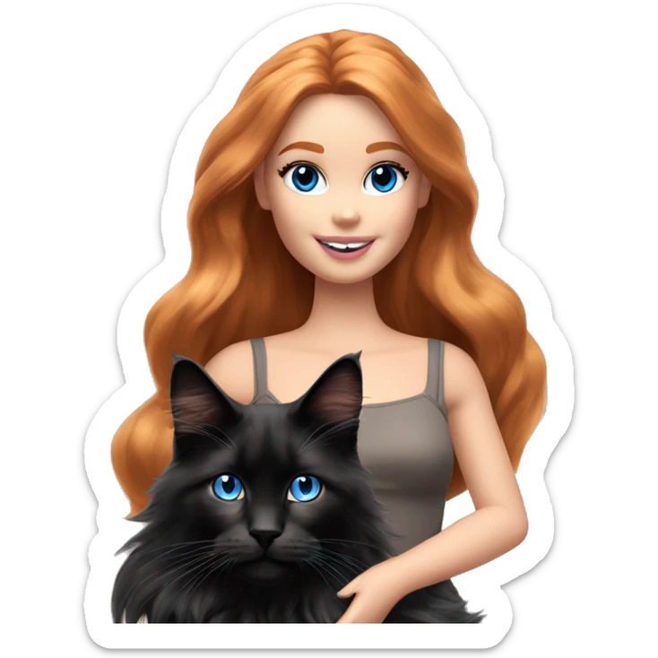 Barbie girl with long ginger hair and blue eyes Holds in her arms Black Maine coon sticker