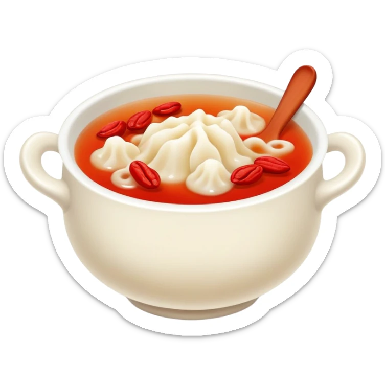 Sweet white fungus soup with red dates and goji berries, simplified emoji style with bold outlines and bright colors, cartoon style Yin Er Tang dessert sticker