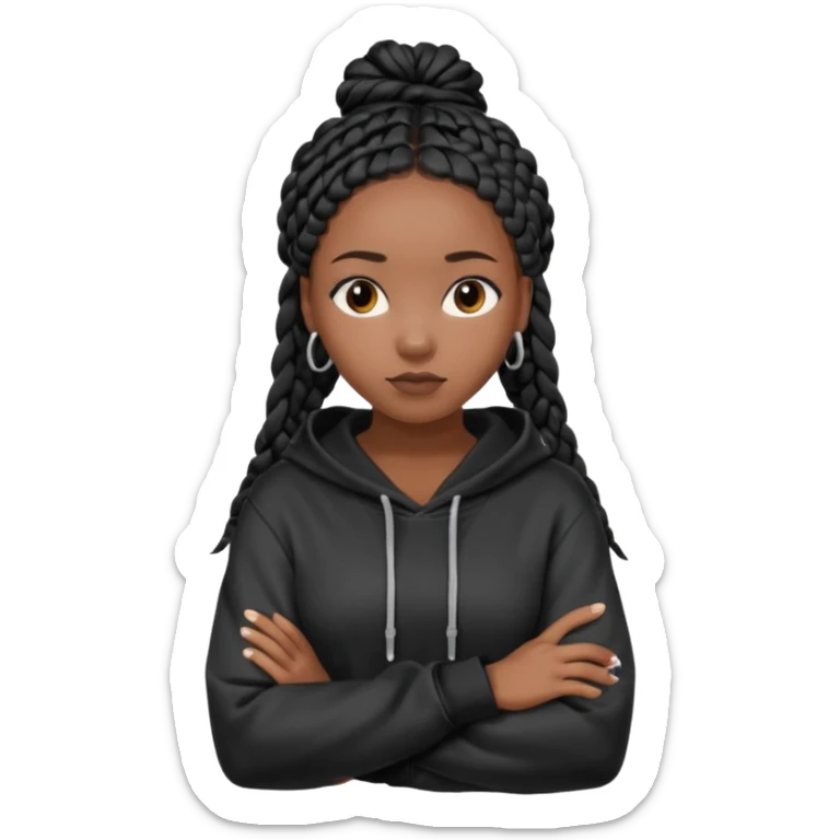 African American dark skin girl with long black box braids wearing a plain black hoodie  with arms folded sticker