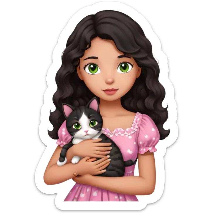 A tanned skin girl with medium length black wavy hair, wearing a pink cute dress, brown eyes, small lips, hugging a white with brown prints cat that has green eyes  sticker