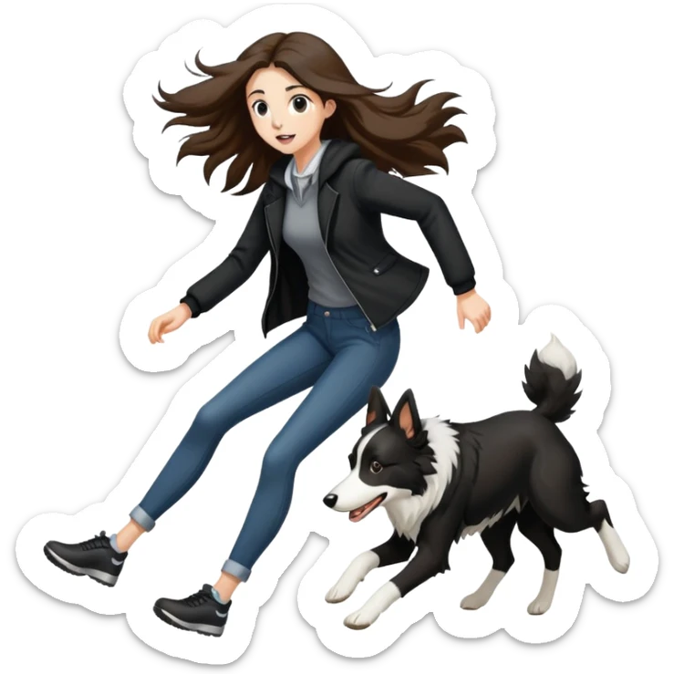 A beautiful tall girl with fair skin and long hair wearing a black jacket running with a Border Collie sticker