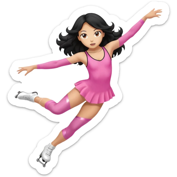 una patinadora con pelo negro largo y ondulado en las puntas con un mallot de color patinando  sticker