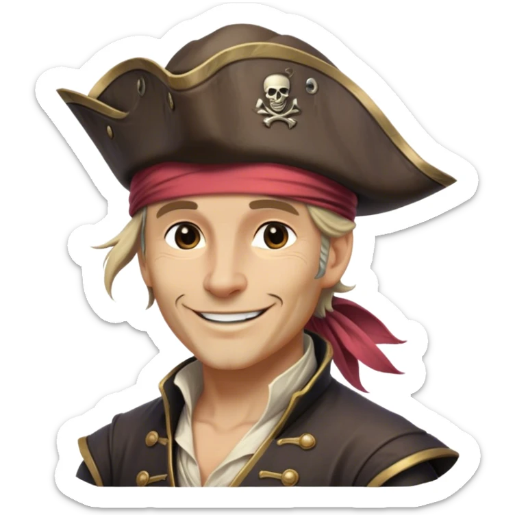 Clash of Clans aesthetic: Beautiful and Majestic Pirate Portrait Emoji, Rendered in serene confidence with a gentle, enigmatic smile and a regal tricorn hat, showcasing a distinguished, weathered build with a timeless bandana and soft, wise eyes in natural skin tone, Simplified yet exquisitely endearing features, highly detailed, glowing with a soft, drowsy maritime light, high shine, calm and heroic, stylized with an air of legendary seafaring elegance, soft glowing outline, capturing the essence of a majestic pirate whose noble spirit inspires epic adventures! sticker