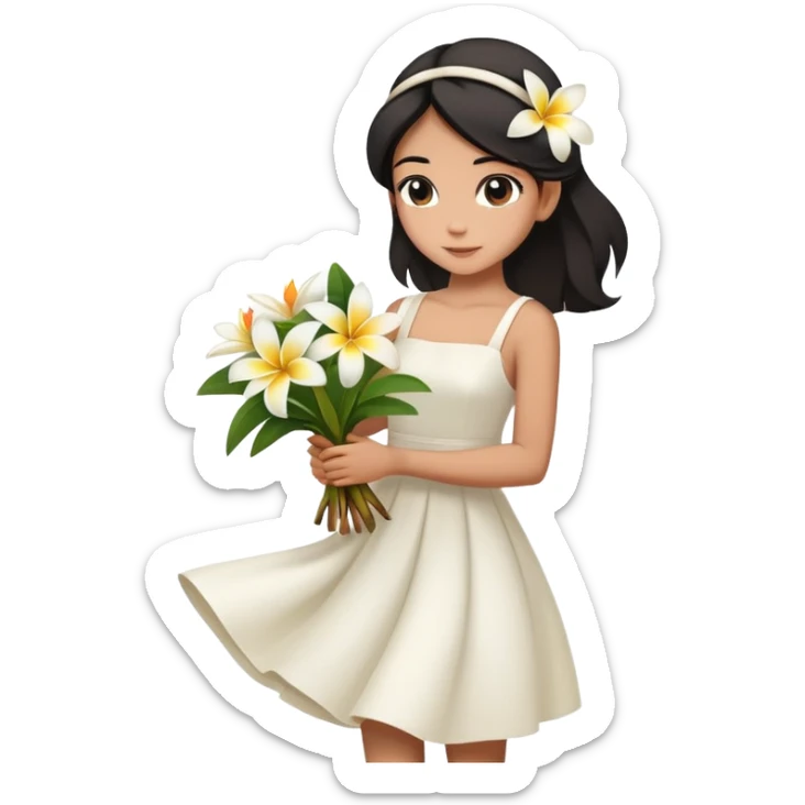  A girl with a black half-up half-down hairstyle, and a white dress, enjoying the spring breeze.Holding a bundle of frangipani sticker