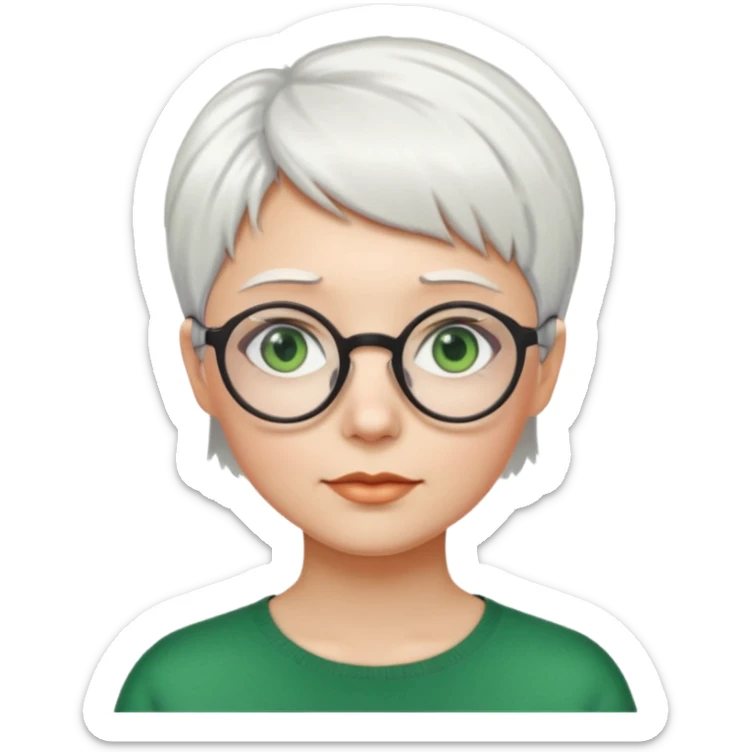 visage femme a lunettes ronde avec cheveux courts blancs aux yeux verts sticker